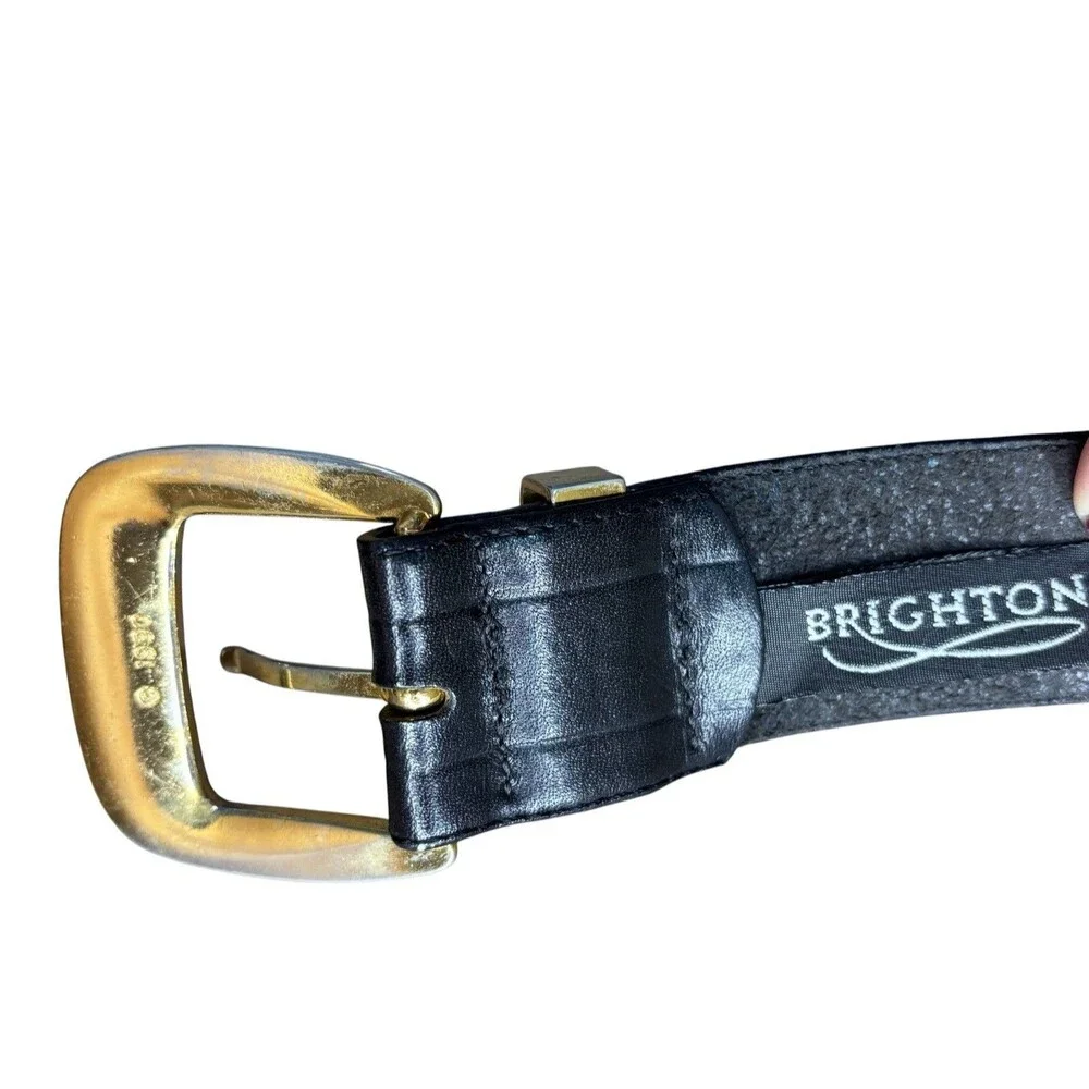 Vintage 1990 Brighton Black Raised Ridge Leather Belt Size 28 Ornate Gold Buckle